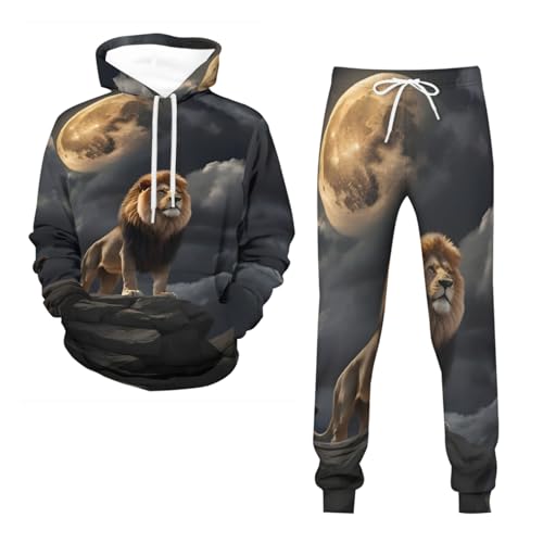 Chándal de 2 piezas con estampado de león 3D para hombre, estilo informal, con capucha y pantalones deportivos, León 4, 4XL
