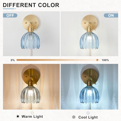 Image of Plug in Wall Sconces Set of 2, Vintage Wall Sconce Light with Tulip Denim Blue Glass Lampshade, Bedroom Wall Sconce with Switch and Plug in wall lamp Cord, Gold Wall Light Wall Decor Set of 2