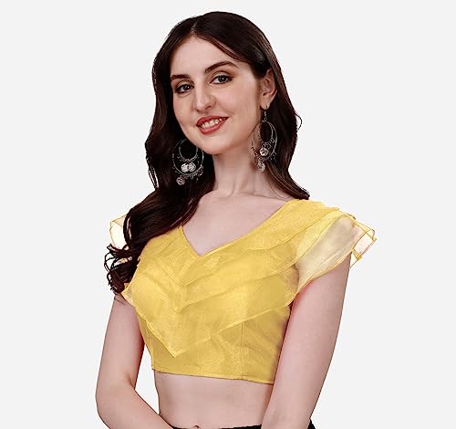 Image of Pujia Mills Women's V Neck Orgenza Three Layer Ruffle Sleeve Frill Readymade Saree Blouse