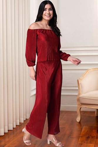 Image of POPWINGS Casual Wrinkle Full Sleeves Off-Shoulder Top and Palazzo Co-ord Set for Women || Co-Ords Set for Women Stylish Western || Top and Palazzos Set for Women|| 2 Piece Set for Women