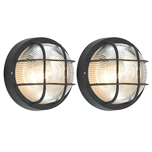 Britalia 2 Pack - Black & Ribbed Glass Outdoor Vintage Round Flush Bulkhead Wall Light | 180mm Diameter | IP44 Rated | 1 x ES E27 Lamp Bulb Required | Bathroom Use | UK Approved