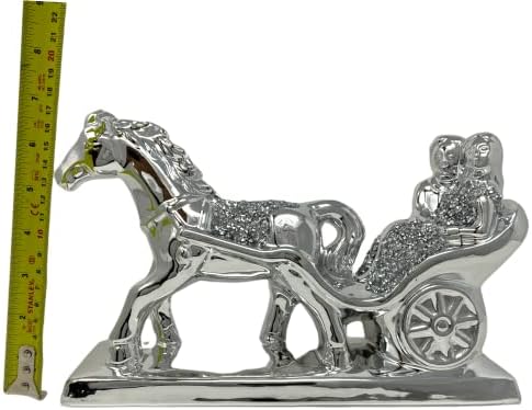 Crushed Diamond Bling Silver Sparkle Unicorn Cart With Grooming Love Couple On Horse Crystal Ceramic Ornament Figure Sculpture Display Wedding Anniversary, Birthday Present, Home Décor