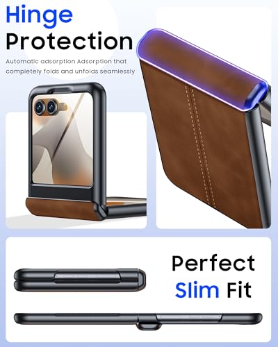 Image of for Motorola Razr 2026 Case with Hinge Protection & Built-in Outer Screen Protector, Ultra-Thin PU Leather Matte PC Shockproof Cover, Slim Protective Phone Case for Moto Razr 2026-Brown