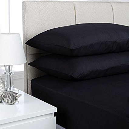 EGYPTO Non-Iron Percale Polycotton Fitted Sheet 16” Extra Deep with FREE Pillowcases (Double Fitted Sheet & Pillowcase Pair, Black) — image 1