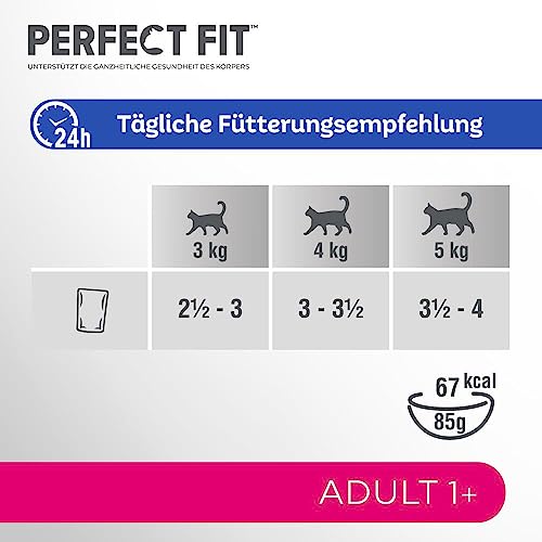 Perfect Fit Adult 1+ Katzennassfutter Auswahl mit Lachs, Hochseefisch, Rind und Huhn, 48 Portionsbeutel, 12x85g (4er Pack) – Premium Katzenfutter nass, für erwachsene Katzen ab 1 Jahr