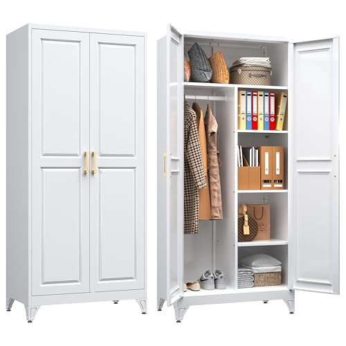 Metal Wardrobe Closet,71" H Wardrobe Cabinet with 2 Doors,White Clothing Storage Cabinets with Hanging Rod and 3 Adjustable Shelves,Armoire Wardrobe Closet for Home Office,School,Gym White 7