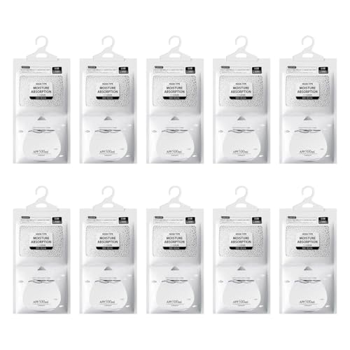 WUSJCOF 10 bolsas antihumedad con percha, absorbe humedad, elimina olores y previene moho, mantiene ropa seca y fresca, para armarios, cajones, caravanas, trasteros (10 unidades de 80g)