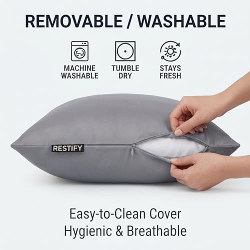 Image of Restify Microfiber Bed Pillow Pack of 2, 24 x 16 Inch Grey | Ultra Soft Sleeping Pillows for Adults | Breathable Velvet Cover | Hotel Quality Pillow for Back, Side & Stomach Sleepers