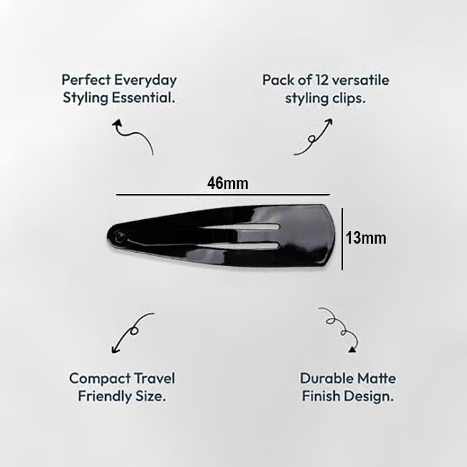 Image of Glaze Black Glossy Finish Large Snap Hair Clips, Tic Tac Style, Pack of 12