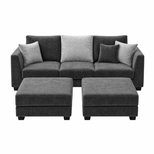 Image of SOCOZI Evanto 5 Seater L Shape Sofa Set with 2 Movable Ottomans | Flexible Layout| Soft Velvet Suede Fabric|Modern Sofa | Plush Comfort Cushions for Living Room (Dark Gray-Light Gray)