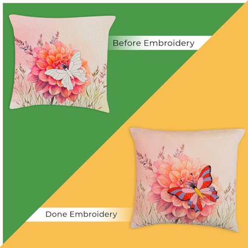 Image of picknMAKE Butterfly Bliss DIY Craft Cushion /Pillow Cover with Beginners for Set Kit Embroidery Hand Cover Cushion DIY 2 of Pack |16 inchX16|Digitally Printed Embroidery Patterns|All Materials Included