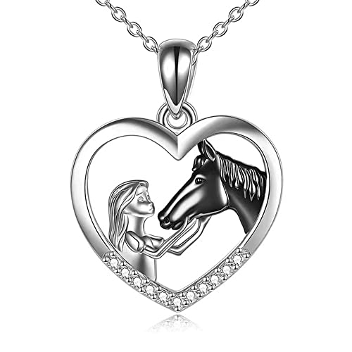 TOFBS Collier Fille et Cheval pour Femme et Fille Argent Coeur Pendentif Collier Cheval et Fille Chaîne Bijoux Cadeaux de Cheval (#1 * Cheval Noir)