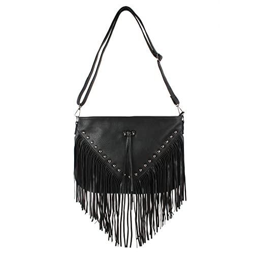 Faux Leather Fringe Hobo Bag Tassel Studed Cross Body Bag Shoulder Bag Cowgirl Purse - Main Image