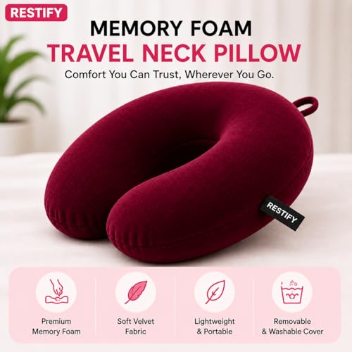 Image of Restify Premium Memory Foam Travel Neck Pillow | Soft Velvet U Shape Neck Support Cushion for Flight, Airplane, Car & Office Travel | Portable Pillow for Men & Women | Maroon