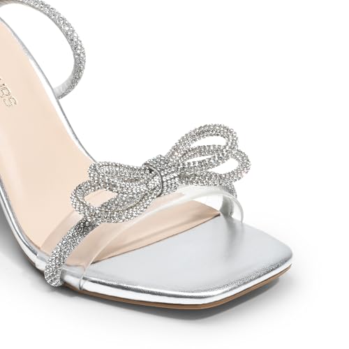DREAM PAIRS DREAM PAIRS Women's Double Bowknots Heels Open Square Toe Ankle Strap Crystal Rhinestone Dress Sandals for Party Wedding,Size 7.5,Silver-Pu,DWUMHS2530