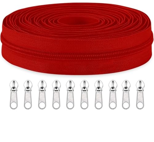Image of Zipper Roll (Number : 5) 5 Meter with 10 Zip Puller - Two Way Open-Ended Nylon Zipper (Red, 5 Meter)