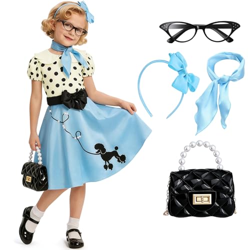 Latocos 50s Outfit Costume for Girls Kids 50s Poodle Skirt with Bag Shirt Glasses Scarf Headband Halloween Dress Up Party (Blue 110)