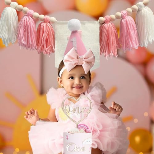 Image of First Birthday Party Decorations Pink Highchair Wood Bead Tassel Garland 1st Birthday Crown Cake Topper