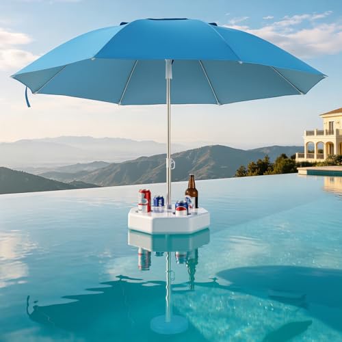 ChickVilla Floating Pool Umbrella for Inside of Pool with Weighted Base UV Sun Shade & Floating Table with 4 Cup Holders Adjustable Aluminum Pole for Swimming Pool Beach & Lakes