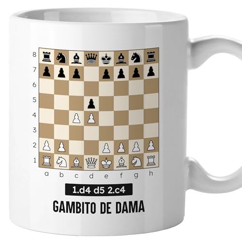 El Kraken Taza Ajedrez, aperturas, tablero, tazas originales, chess, regalo, diseño en ambas caras, Cerámica 330 mL (Gambito de dama)