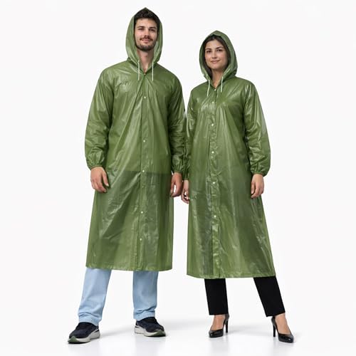 Image of Robustt EVA Reusable Raincoat with Hood (Dark Green) - Pack of 10 | Elasticated Full Sleeves Outdoor Waterproof Raincoat for Men & Women | Rainwear | Button Closure | Knee Length | Universal Fit