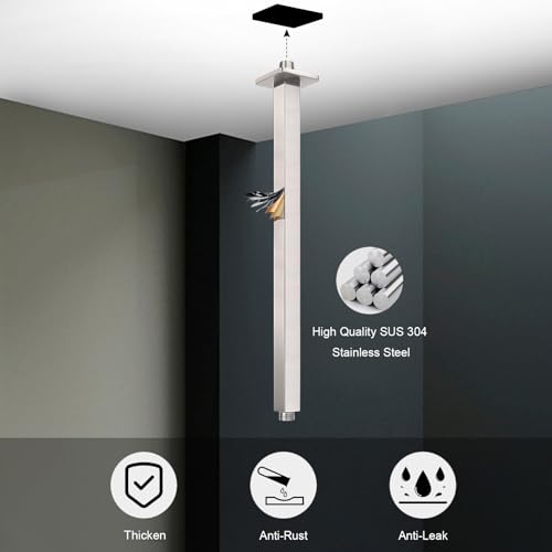 Image of Ceiling Mounted Shower Arm, Rain Shower Square Extension Arm with Flange and Teflon Tape Stainless Steel Ceiling Mount Shower Extender (16 Inch, Brushed Nickel)