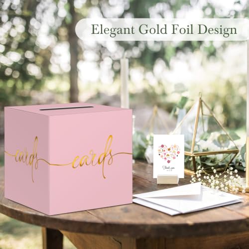 Image of Light Pink Card Box with Gold Foil Design, Paperboard 8.7 inch Gift Card Holder for Wedding Graduation Birthday Party Reception Retirement Anniversary Bridal & Baby Shower
