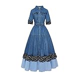 Long Super Long Denim Spring Autumn Full Sleeve Dress with Belt Single Breasted Patchwork Skirt (Color : Blue, Size : S Code)