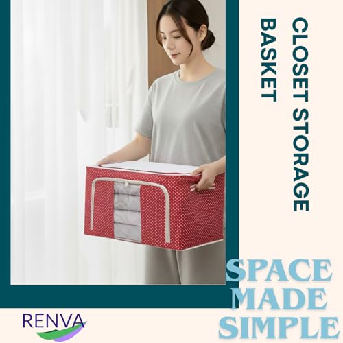 Image of RENVA 6 PCS polycotton Clothes Storage Organizer Bins, Foldable Storage Bins-Cloth Steel Frame Storage Box with Foldable Clear Window & Reinforced Handles (Red, 66L-6)