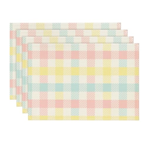 Artoid Mode PLACEMAT-REGULAR-4PC-3045-006BUPKYE Blue Pink Yellow Buffalo Plaid Placemats Set Of 4, 12X18 Inch Seasonal Easter Table Mats cover