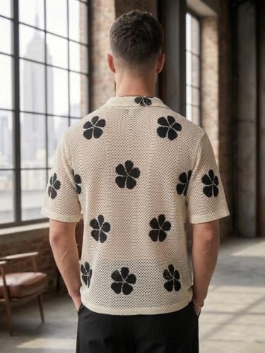 Image of GRECIILOOKS Men`s Shirt | Mens Casual Crochet Knitted | Half Sleeve Printed Crochet with Cuban Collar Shirt`s | Relaxed fit Down Shoulder Textured & Stylish Premium Mens Shirt