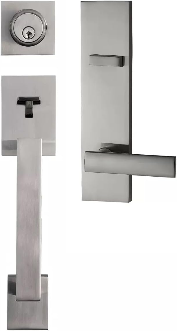 SUYA Front Door Handle Set，Single Cylinder Deadbolt Lock Set with Door Handle,Reversible for Right & Left,Entrance or Exterior,Satin Nickel Finish