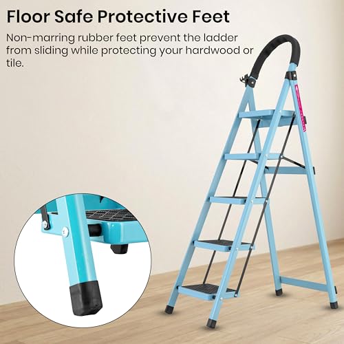 Image of Casa Copenhagen Teal Blue 5 Step Ladder for Home Use with Built-in Tool Tray | Heavy Duty D Shape Rods | Ultra Large Platform | Wide Rubber Feet| 150Kg Capacity Foldable Ladder - 7 Years Warranty