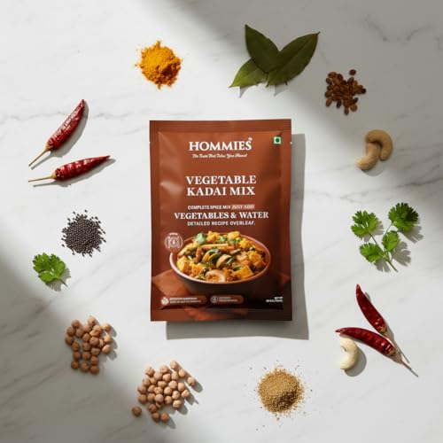 Image of Hommies Vegetable Kadai sabji Masala Spice Mix | Ready to Cook in 15 mins | Made with Cashew Nuts | Just Add vegetable and Water | Serves 4 | No Preservatives | 50 gm each (Pack of 4)