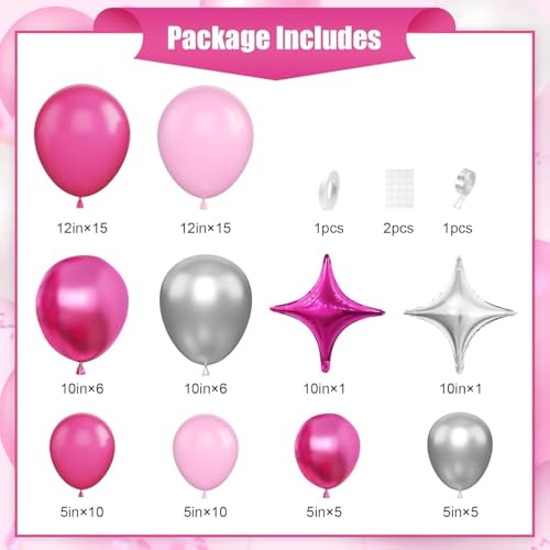 Image of Pink Silver Balloon Arch Kit, Hot Pink Balloons for Princess Birthday Party | Pastel pink, magenta and metallic silver balloons with four star foil accents for wedding, engagement and princess decor