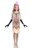 Girls Flapper Dresses 1920s Beaded Fringed Great Gatsby Dress (Pink, X-Large)