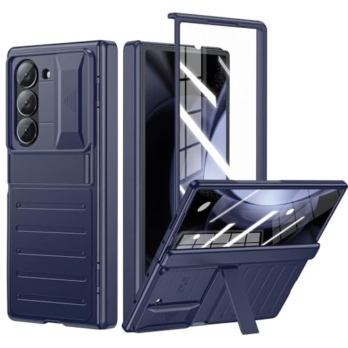 Coque Samsung Z Fold 6 avec cache caméra coulissant et charnière intégrale bleue