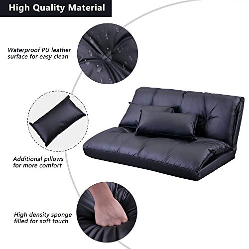 Adjustable Folding Leisure Sofa Bed, Floor Chaise Lounge Sofa Chair With 2 Pillows And 5 Reclining Position, Video Gaming Sofa For Bedroom Living Room (Pu Leather, Black) #TOP5
