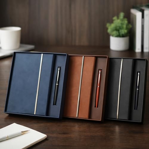 Image of 2 in 1 Diary with Pen Gift Set for Men and Women, Leather Notebook Diary & Metal Pen Birthday Gifts for Husband, Brother, Father New Year Corporate Gift for Employee Gift Set (Black)