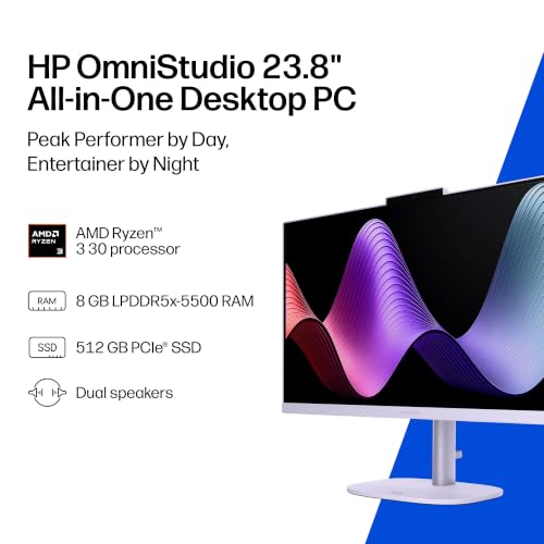 Image of HP OmniStudio 23.8 inch All-in-One Desktop PC, FHD Touchscreen, AMD Ryzen AI 3 30, 8 GB RAM, 512 GB SSD, AMD Radeon Graphics, Windows 11 Home, Amethyst Haze, 24-cv0450 (2026)