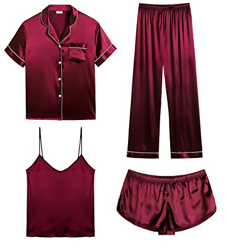 Image of SWOMOG Womens Silk Satin Pajamas Sets 4pcs Sleepwear Sexy Cami Shorts Set and Button Down Short Sleeve Pjs Loungewear Wine Red X-Small