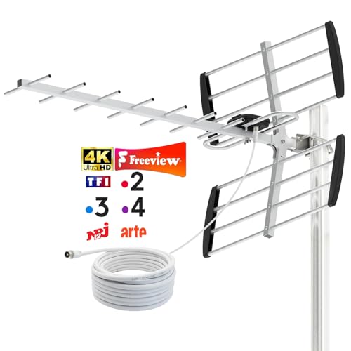 Antenne TV Extérieure 9 Éléments Yagi – Réception TNT HD/UHD 4K – Télévision Longue Portée Compatible DVB-T/T2 – Antenne Râteau Résistante aux...