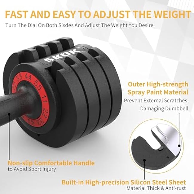 SKOK 55lbs Single Adjustable Dumbbell Weight for Men and Women with Anti-Slip Fast Adjust Weight by Turning Handle,Dumbbell with Tray