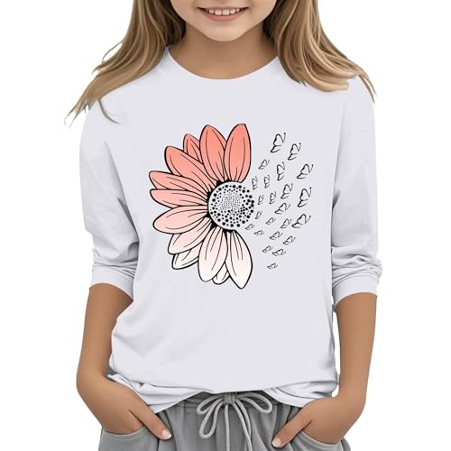Girls T Shirts Short Sleeve Loose Fit Crewneck Gradient Printed Tshirts Trendy Graphic Basic Tees (B-White, 8-9 Years)