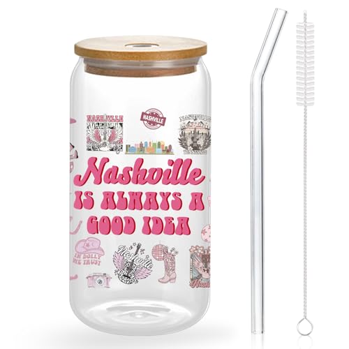 Nashville Gifts - Cute Pink Cups with Lids and Straws, 16 Oz Pink Tumbler for Women & Girls Birthday, Christmas, Bachelorette Party Favors