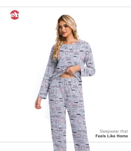 Image of ENJOYNIGHT Womens Pajama Set Cotton Pjs Long Sleeve Sleepwear with Pockets | Two Piece Crew Neck Sleep Set, Elastic Waist Long Pant, Lightweight Loungewear