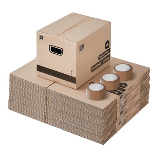 Pack and Move - Lot 60 cartons déménagement stockage livres - 40 x 30 x 30 cm - Poignées renforcées - 3 adhésifs offerts
