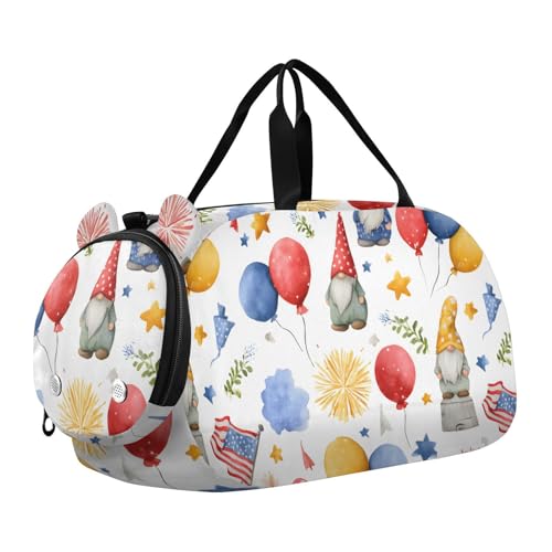 Duffle Bag for Boys or Girls with Shoes Compartment, Balloon Gnome Usa Flag Sports Travel Bag Overnight