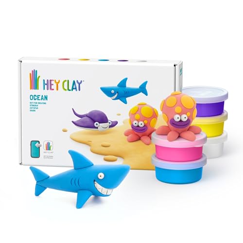 HEY CLAY Océano - 6 botes de masa para modelar de secado al aire para niños - Kit creativo de manualidades 3+ (Tiburón, Pulpo, Mantarraya)