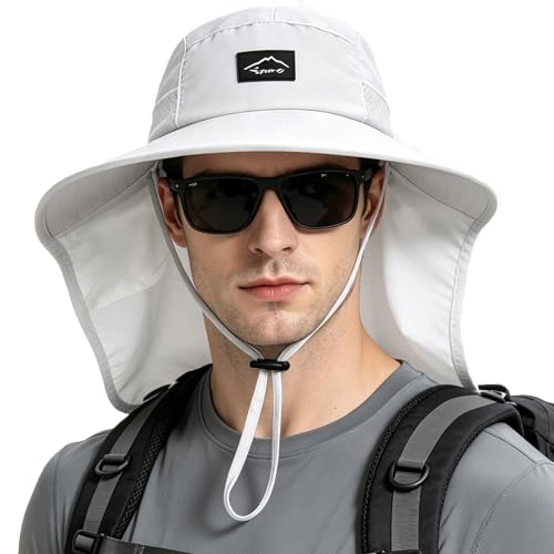 Image of Rosoz Outdoor Sun Hat for Men Women, UPF50+ Protection Safari Cap Wide Brim Mesh Fishing Hat with Neck Flap Beach Garden
